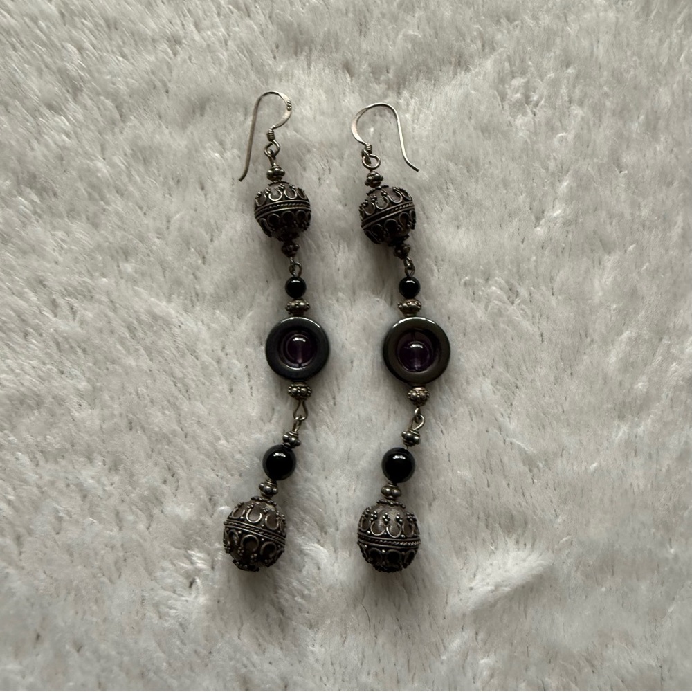 Intricate Silver and Purple Dangle Earrings